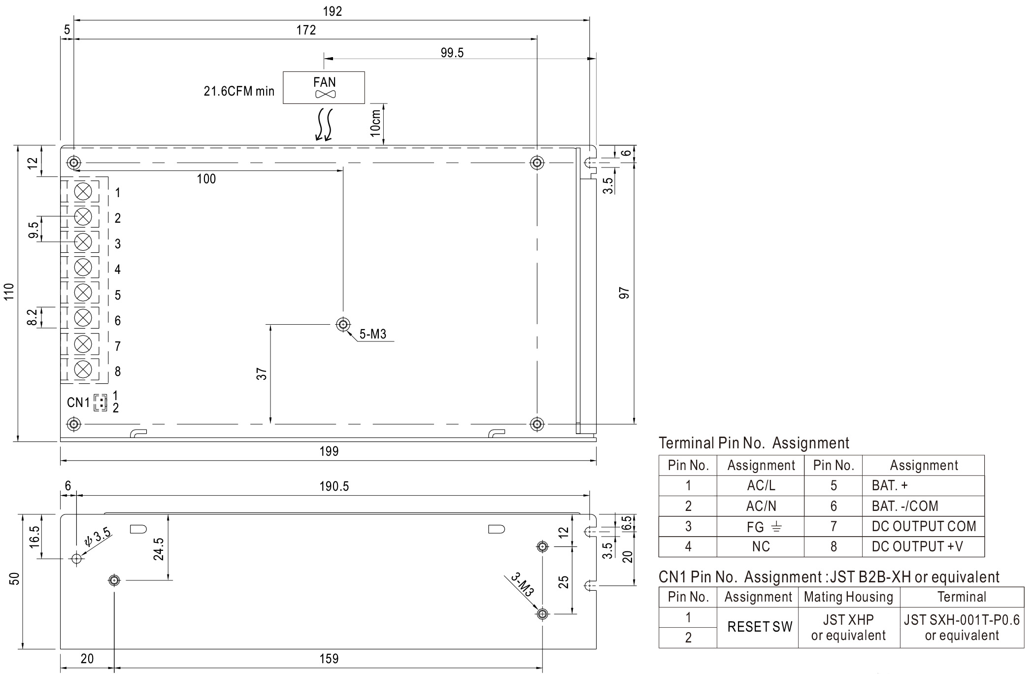 UPS 155w power supply with battery charger mechanical specification