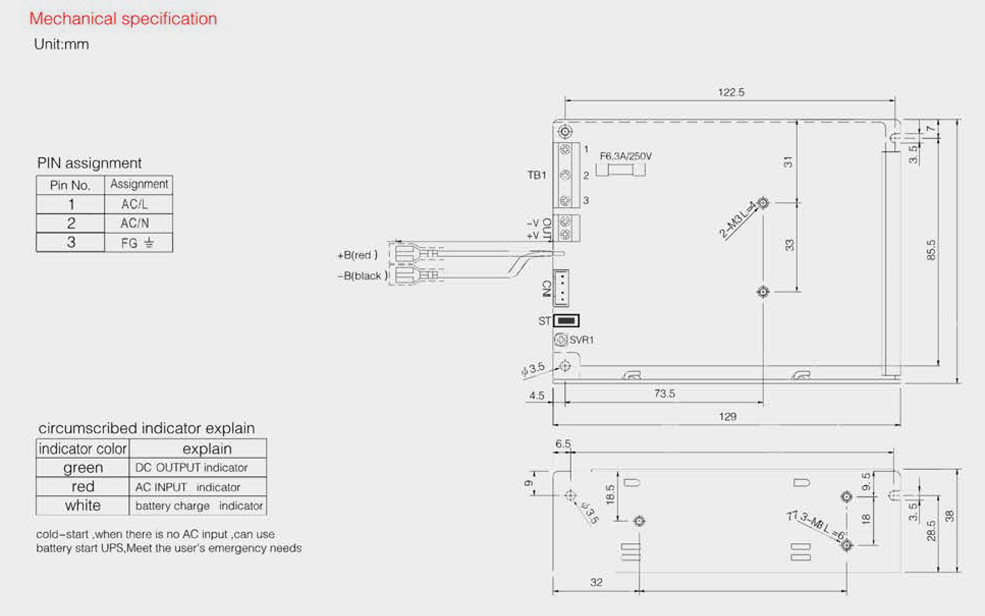 UPS 60w power supply for battery charge mechanical specification