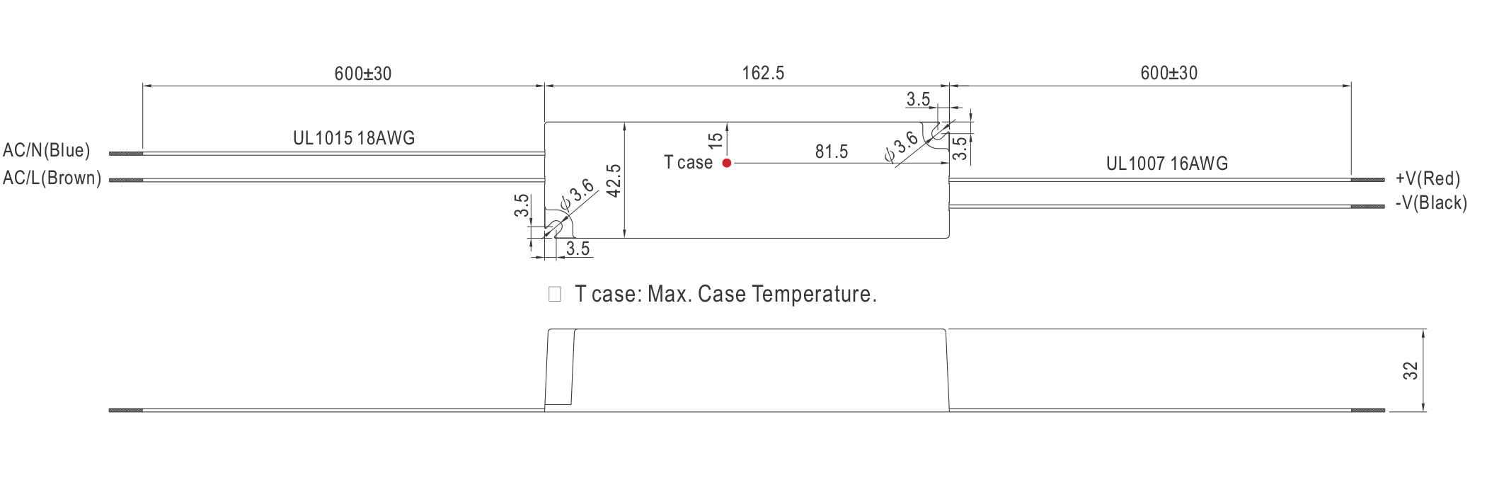 Waterproof IP67 plastic LED driver AC 110v/220v to constant DC output 60W power supply mechanical specification